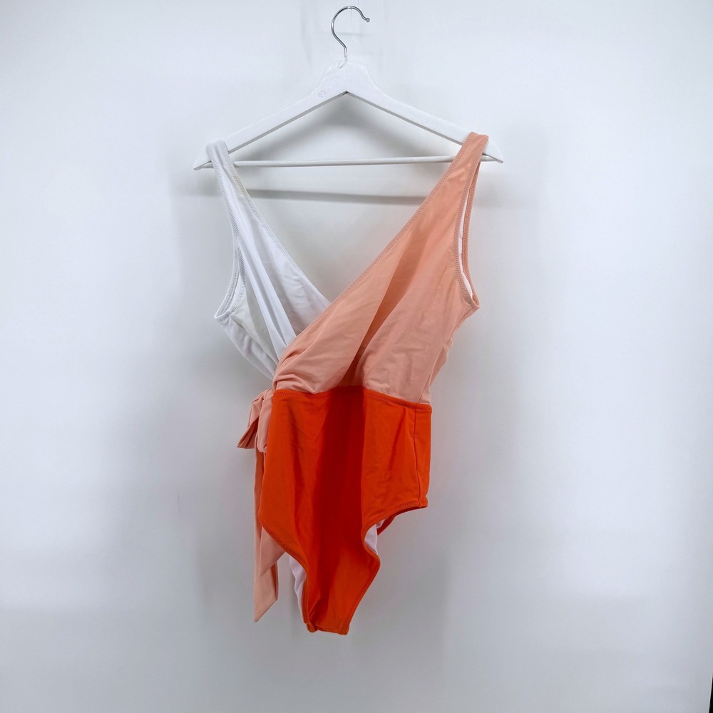Cupshe One Piece Swimsuit Colorblock Wrap Side Tie Large Orange White Womens - Picture 2 of 4